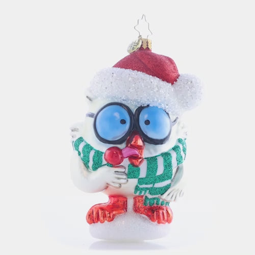 Video - Ornament Description - Tootsie Pops® Mr. Owl® Christmas Ornament: How many licks does it take to get to the Tootsie® Roll center of a Tootsie Pop®? Even during the winter, the Tootsie Pop® mascot, Mr. Owl, tries to get to the answer of this age-old question while trying to stay warm – captured in this fun holiday ornament. This video shows the ornament spinning slowly. 