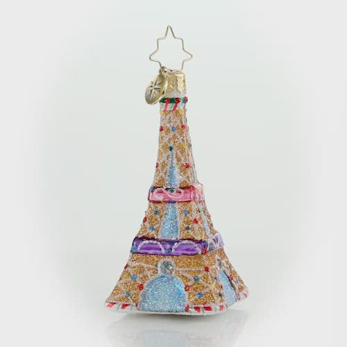Video - Ornament Description - Paris is Sweet Gem: Climb to the top, just imagine the view! This tiny gingerbread Eiffel Tower is a sweet Parisian dream come true! This video shows the ornament spinning slowly. 