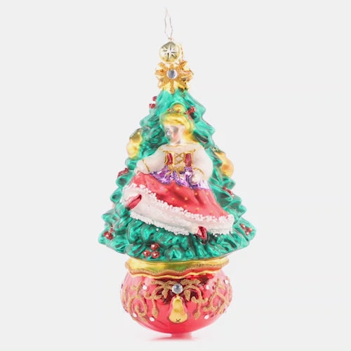 Video - Ornament Description - Dancing Delight: A dancing lady bounds across one side of the tree, while a pair beautiful bow-tied ballet slippers adorn the other. Celebrate musical magic with this intricate ornament. The video shows the ornament slowly spinning. 