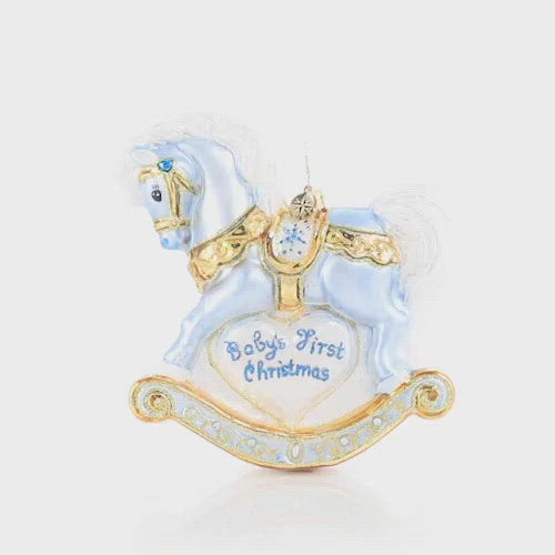 Video - Ornament Description - Baby's First Christmas Foal: It is a precious gift, a bundle of joy -- a darling bouncing baby boy! Commemorate your new arrival with this keepsake rocking horse in baby blue.