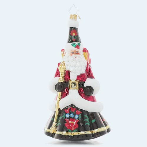 Video - Ornament Description - Festive Folk Santa: Santa puts a twist on traditional in this cozy ensemble fashioned in the style of beautiful European folk art. Our Designer's Choice ornament of the year looks like he could have stepped straight out of a Christmas fairytale! This video shows the ornament slowly spinning.