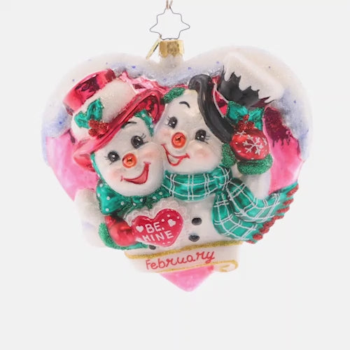 Video - Ornament Description - Forever And Always: Love is in the air! Adorning the second piece in our Ornament of the Month collection, two snowy sweethearts exchange love letters, valuing each other's company this Valentine's Day. This video shows the ornament slowly spinning.