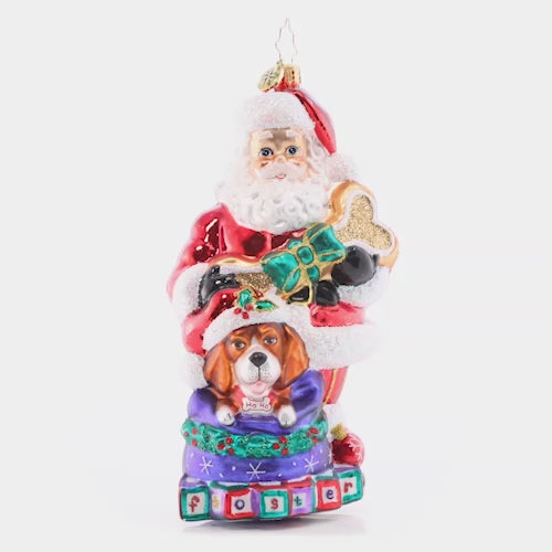 Video - Ornament Description - Santa's Foster Friend: Santa is a friend to all, especially his sweet foster dog Fido. Celebrate the beloved furry friends in your family this Christmasd with a cherished hand-painted ornament. This video shows the ornament spinning slowly. 