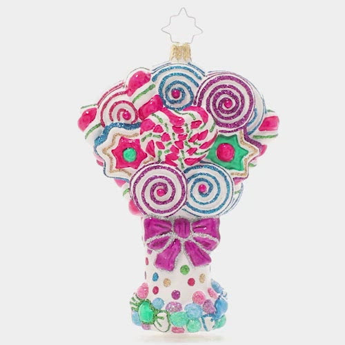 Video - Ornament Description - Spectacular Sweets Bouquet: Love is sweet! Celebrate your sweetie with this bountiful bouquet of colorful lollipops and candies. This video shows the ornament spinning slowly. 