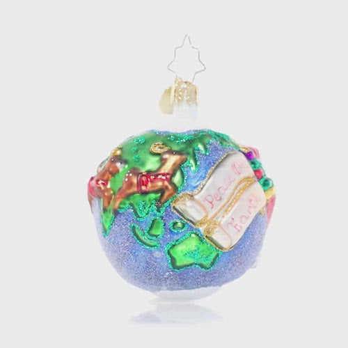 Video - Ornament Description - All I Want for Christmas Gem: Capture Santa's magical round-the-world journey with this detailed round ornament. Navigating his way around the globe with this trusted reindeer team, he brings good tidings, Christmas cheer and wishes for peace on Earth.