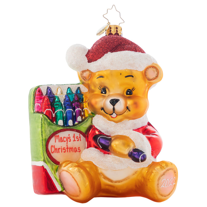 Ornament Description - Color Me Cute!: Now you can personalize an ornament for Baby's First Christmas! This cheerfully coloring bear will be a treasured memento for years to come. Note: Please allow approximately one month (on top of shipping time) for our elves to personalize your ornament.