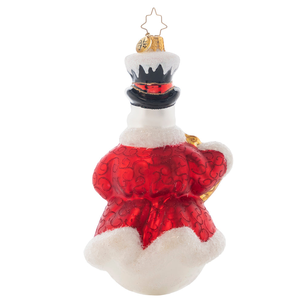 Back - Ornament Description - Frosty Friend: This snowman knows that your own personal greeting is a true masterpiece! That's why he'll display it prominently in a bold, bejeweled frame. Note: Please allow approximately one month (on top of shipping time) for our elves to personalize your ornament.