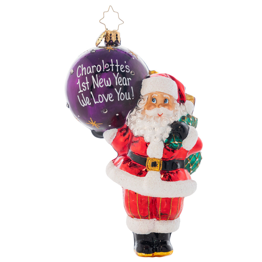 Ornament Description - My Favorite Year: Season's greetings! Add your own personal greeting to this cheerful Santa ornament. Note: Please allow approximately one month (on top of shipping time) for our elves to personalize your ornament.