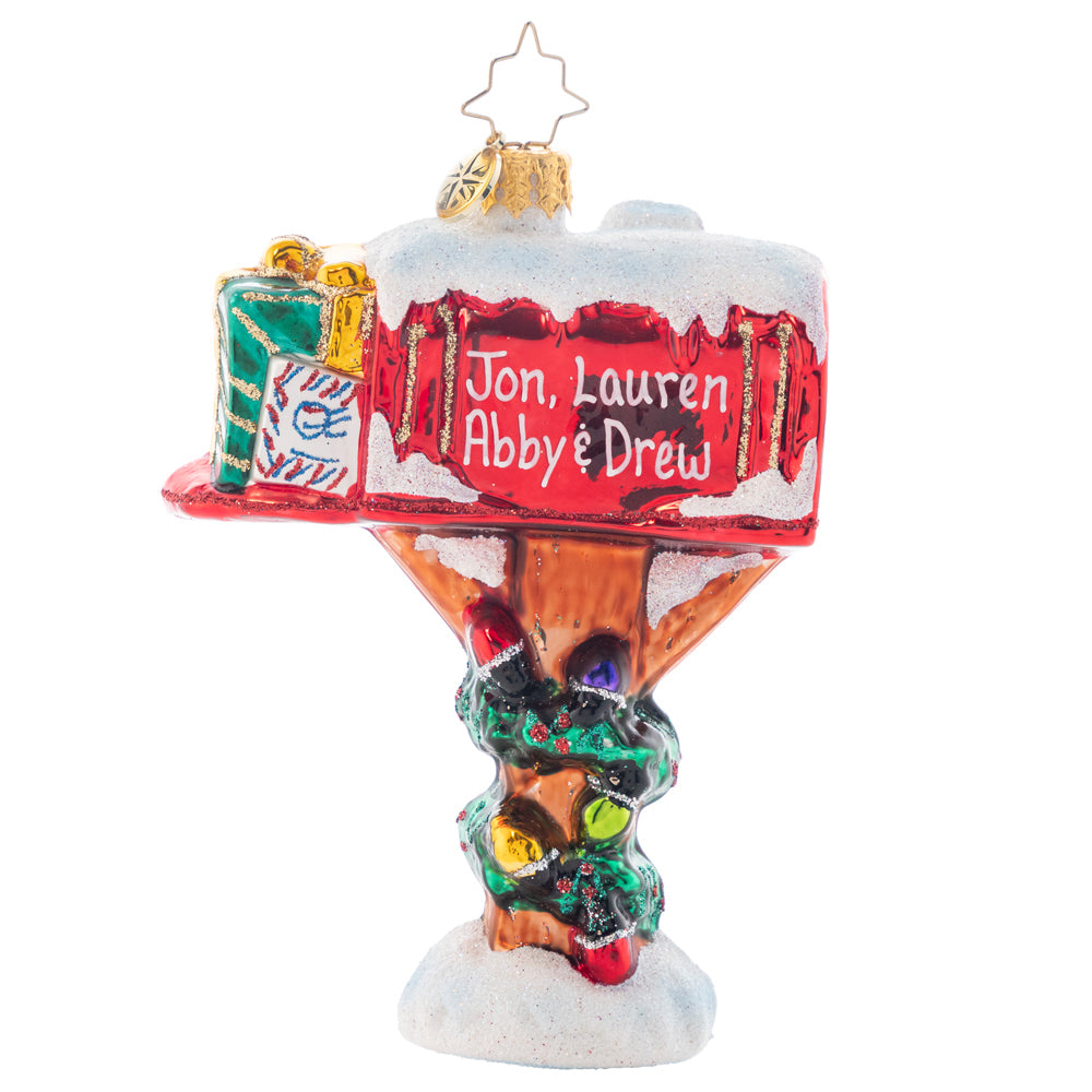 Back - Ornament Description - Holly-day Mail: Show your love of the season with this cute red mailbox! This ornament is ready for you to personalize it with your family name or whatever greeting you choose. Note: Please allow approximately one month (on top of shipping time) for our elves to personalize your ornament.
