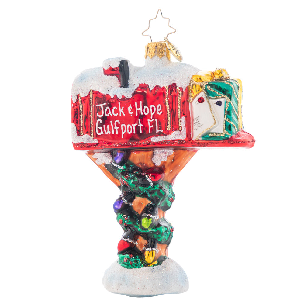 Ornament Description - Holly-day Mail: Show your love of the season with this cute red mailbox! This ornament is ready for you to personalize it with your family name or whatever greeting you choose. Note: Please allow approximately one month (on top of shipping time) for our elves to personalize your ornament.