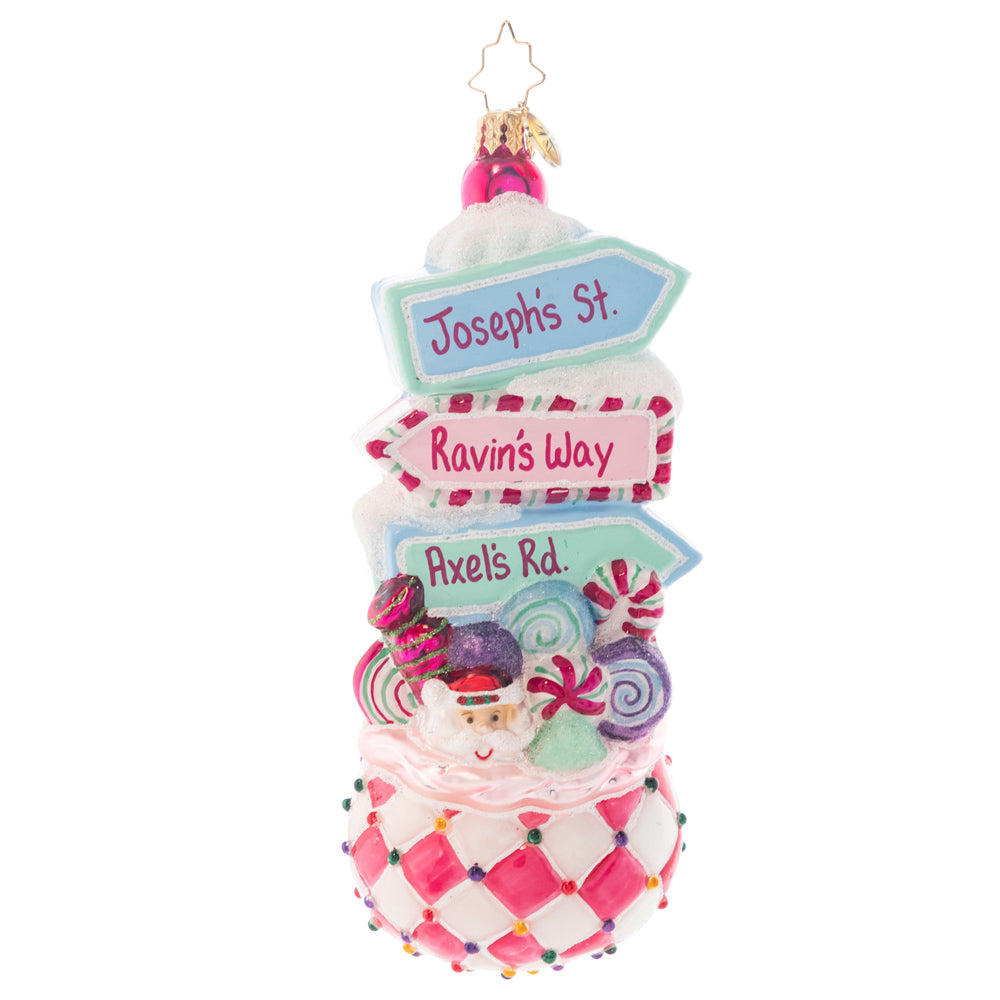 Ornament Description - Sweet Street Treat: Whether you are strolling along Candy Cane Lane or making your way to Sweet Street, you are sure to find this sugary signpost a delight this Christmas! Hand painted with a bright whimsical candy palette, this Christopher Radko ornament will give you sweet dreams throughout the season. Add your own custom street names to each sign to create a truly unique piece