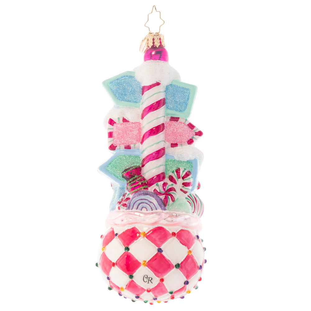 Back- Ornament Description - Sweet Street Treat: Whether you are strolling along Candy Cane Lane or making your way to Sweet Street, you are sure to find this sugary signpost a delight this Christmas! Hand painted with a bright whimsical candy palette, this Christopher Radko ornament will give you sweet dreams throughout the season. Add your own custom street names to each sign to create a truly unique piece
