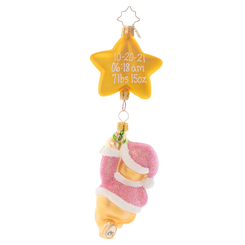 Back - Ornament Description - First Things First Girl: This Santa bear welcomes your newest bundle of joy to the wonders of the Christmas season. Add the newest addition to your family on the star to make this a truly wonderful heirloom. Note: Please allow approximately one month (on top of shipping time) for our elves to personalize your ornament.