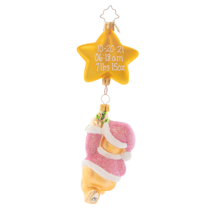 Back - Ornament Description - First Things First Girl: This Santa bear welcomes your newest bundle of joy to the wonders of the Christmas season. Add the newest addition to your family on the star to make this a truly wonderful heirloom. Note: Please allow approximately one month (on top of shipping time) for our elves to personalize your ornament.