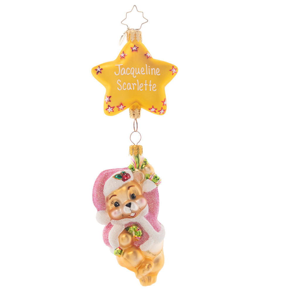 Ornament Description - First Things First Girl: This Santa bear welcomes your newest bundle of joy to the wonders of the Christmas season. Add the newest addition to your family on the star to make this a truly wonderful heirloom. Note: Please allow approximately one month (on top of shipping time) for our elves to personalize your ornament.