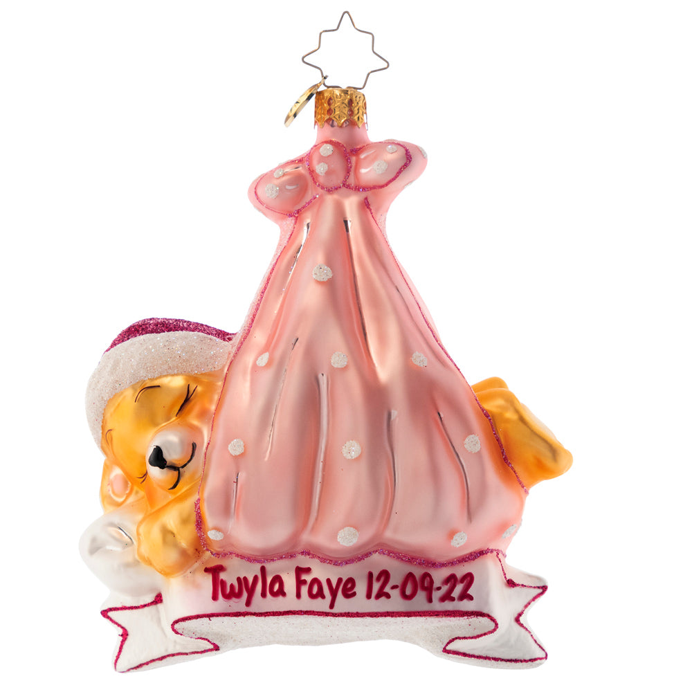 Ornament Description - Special Delivery Girl: Straight from the stork's beak, this charming baby bear rests peacefully in her sling of light pink cloth. Add the name of your newest arrival on the banner to create a truly wonderful family heirloom. Note: Please allow approximately one month (on top of shipping time) for our elves to personalize your ornament.