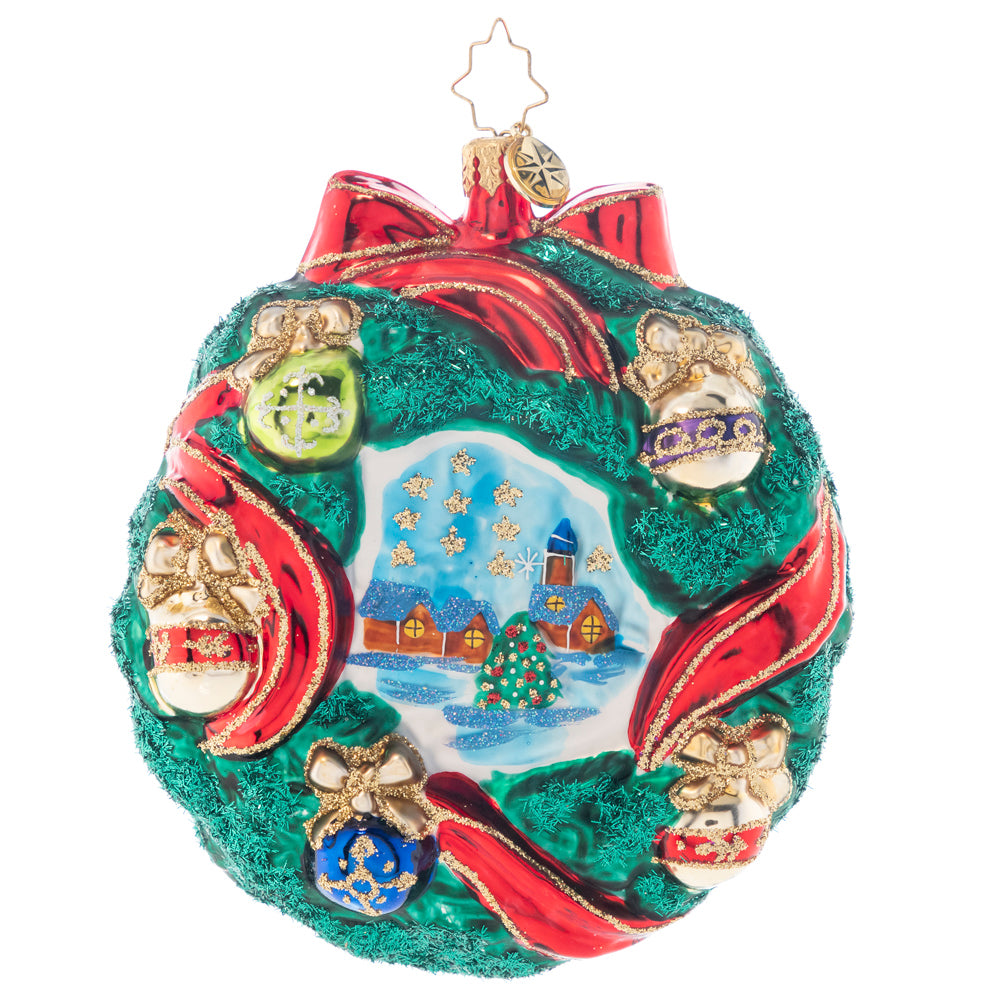 Back - Ornament Description - Merry Christmas: A candle, a bell, a bright red ribbon and several bow-bedecked ornaments - nothing says "Merry Christmas" like this festive, personalized wreath! You'll love the detailed texture of the greenery. Note: Please allow approximately one month (on top of shipping time) for our elves to personalize your ornament.