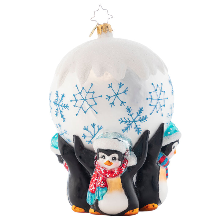 Back - Ornament Description - Perfect Penguin Paradice: Santa is taking a rest against a beautifully decorated ornament. It takes three mighty penguin friends to hold up this fabulous 2019 snowy ornament! Hold on tight little guys, don't drop it! Note: Please allow approximately one month (on top of shipping time) for our elves to personalize your ornament.