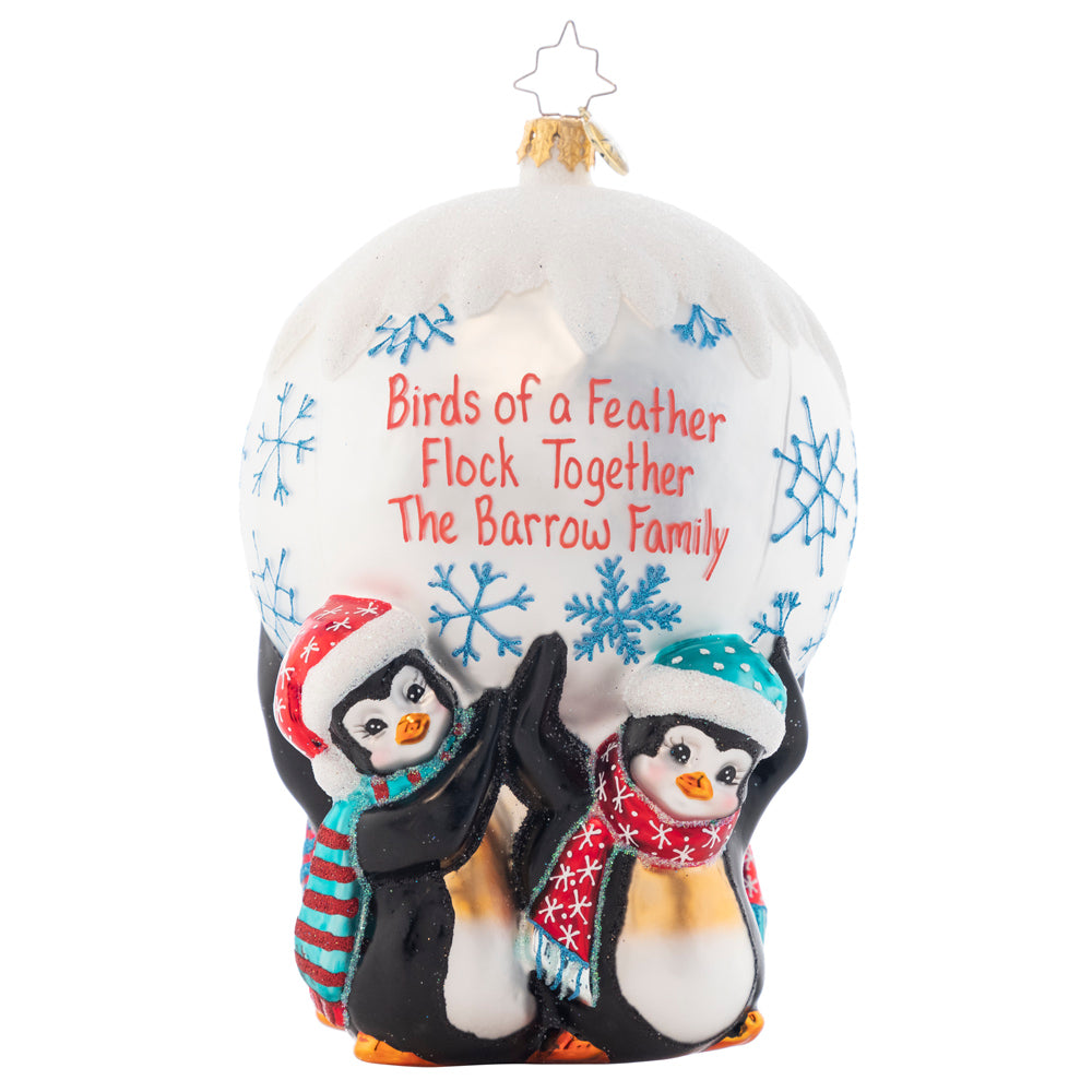 Ornament Description - Perfect Penguin Paradice: Santa is taking a rest against a beautifully decorated ornament. It takes three mighty penguin friends to hold up this fabulous 2019 snowy ornament! Hold on tight little guys, don't drop it! Note: Please allow approximately one month (on top of shipping time) for our elves to personalize your ornament.