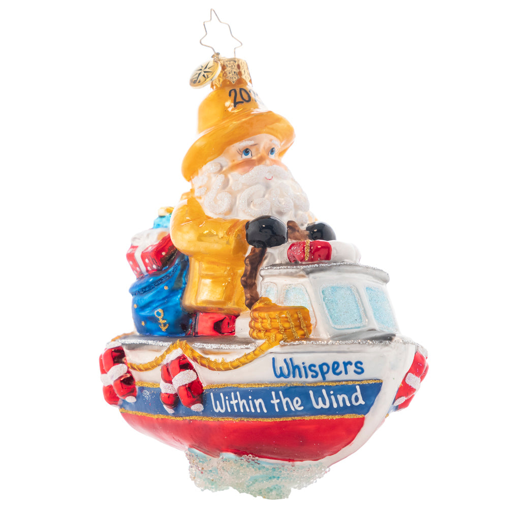 Ornament Description - We're Gonna Need A Bigger Boat: Santa is prepared for some wet conditions! He still manages to look jolly in his yellow rain gear! Rough seas ahead are no problem for the boat! Here come the Christmas deliveries! Note: Please allow approximately one week (on top of shipping time) for our elves to personalize your ornament.