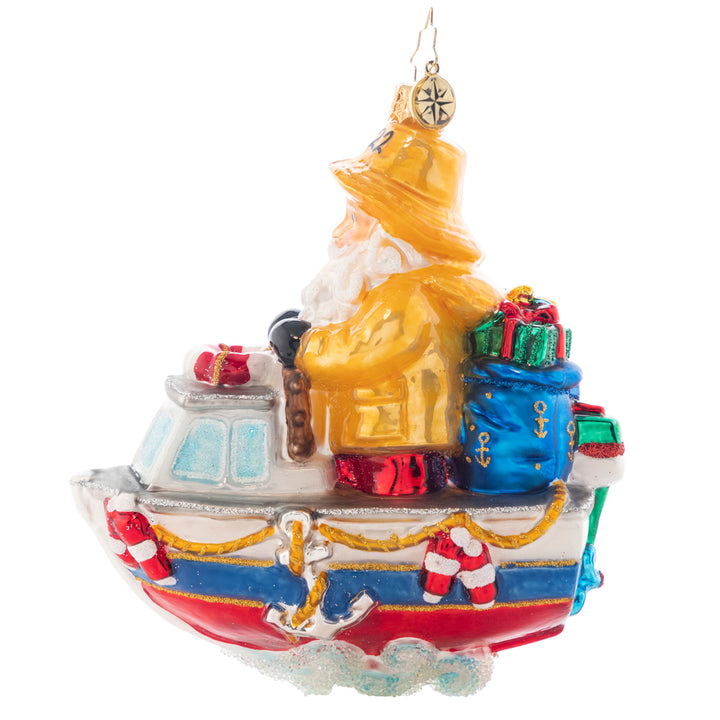 Back - Ornament Description - We're Gonna Need A Bigger Boat: Santa is prepared for some wet conditions! He still manages to look jolly in his yellow rain gear! Rough seas ahead are no problem for the boat! Here come the Christmas deliveries! Note: Please allow approximately one week (on top of shipping time) for our elves to personalize your ornament.