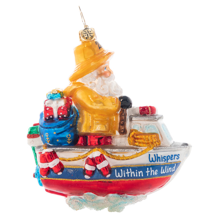 Front - Ornament Description - We're Gonna Need A Bigger Boat: Santa is prepared for some wet conditions! He still manages to look jolly in his yellow rain gear! Rough seas ahead are no problem for the boat! Here come the Christmas deliveries! Note: Please allow approximately one week (on top of shipping time) for our elves to personalize your ornament.