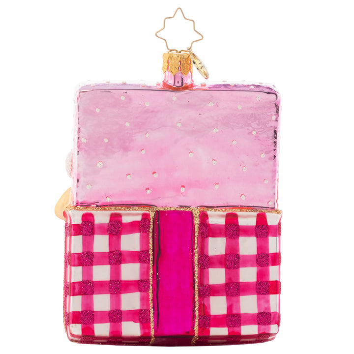 Back - Ornament Description - Trunk Of Toys Baby Girl!: How many gifts can we possibly fit into this toy chest? Quite a lot! This box full of goodies is sure to enchant your newest bundle of joy this Christmas season. Add your own personal message on this ornament to create a one of a kind piece. Note: Please allow approximately one week (on top of shipping time) for our elves to personalize your ornament.