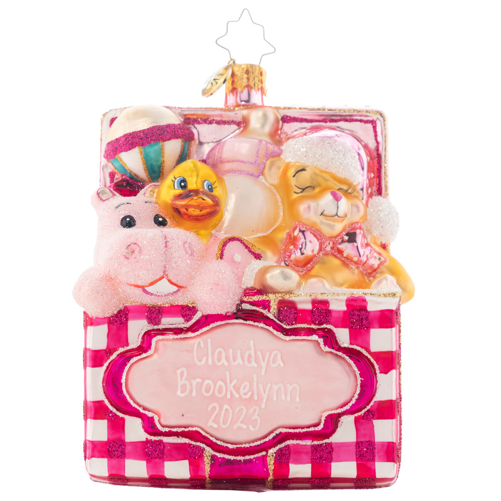Ornament Description - Trunk Of Toys Baby Girl!: How many gifts can we possibly fit into this toy chest? Quite a lot! This box full of goodies is sure to enchant your newest bundle of joy this Christmas season. Add your own personal message on this ornament to create a one of a kind piece. Note: Please allow approximately one week (on top of shipping time) for our elves to personalize your ornament.