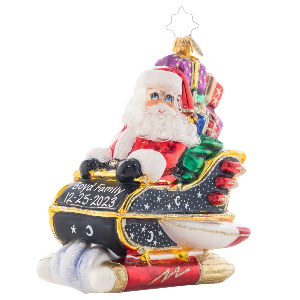 Front - Ornament Description - Starry Night Ride: It's a bird! It's a plane! No, it's Santa Claus! Santa's sleigh has gotten a serious upgrade. With a ride like that, this holiday season is bound to be out of this world! Note: Please allow approximately one month (on top of shipping time) for our elves to personalize your ornament.