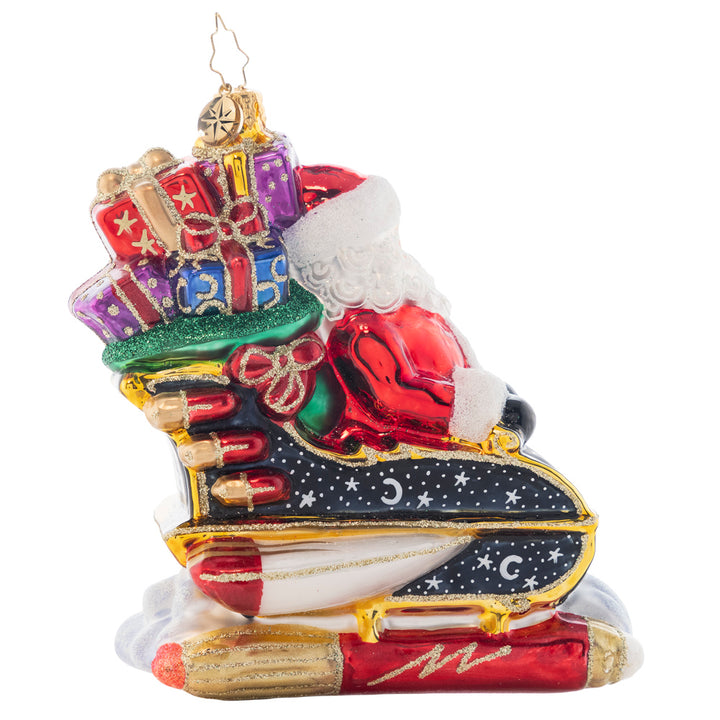 Side View - Ornament Description - Starry Night Ride: It's a bird! It's a plane! No, it's Santa Claus! Santa's sleigh has gotten a serious upgrade. With a ride like that, this holiday season is bound to be out of this world! Note: Please allow approximately one month (on top of shipping time) for our elves to personalize your ornament.