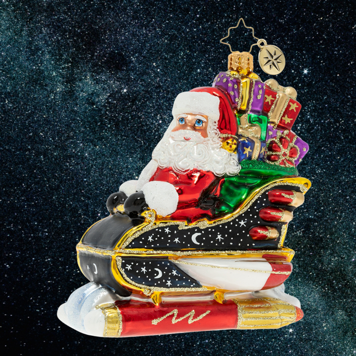 Ornament Description - Starry Night Ride: It's a bird! It's a plane! No, it's Santa Claus! Santa's sleigh has gotten a serious upgrade. With a ride like that, this holiday season is bound to be out of this world! Note: Please allow approximately one month (on top of shipping time) for our elves to personalize your ornament.