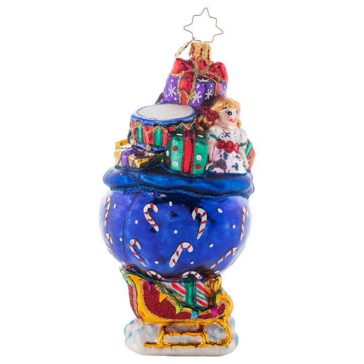 Back - Ornament Description - Festive Christmas Sleigh: A festive, over-packed sleigh with toys! What a grand way to remember the wonderful year it has been! Note: Please allow approximately one month (on top of shipping time) for our elves to personalize your ornament.