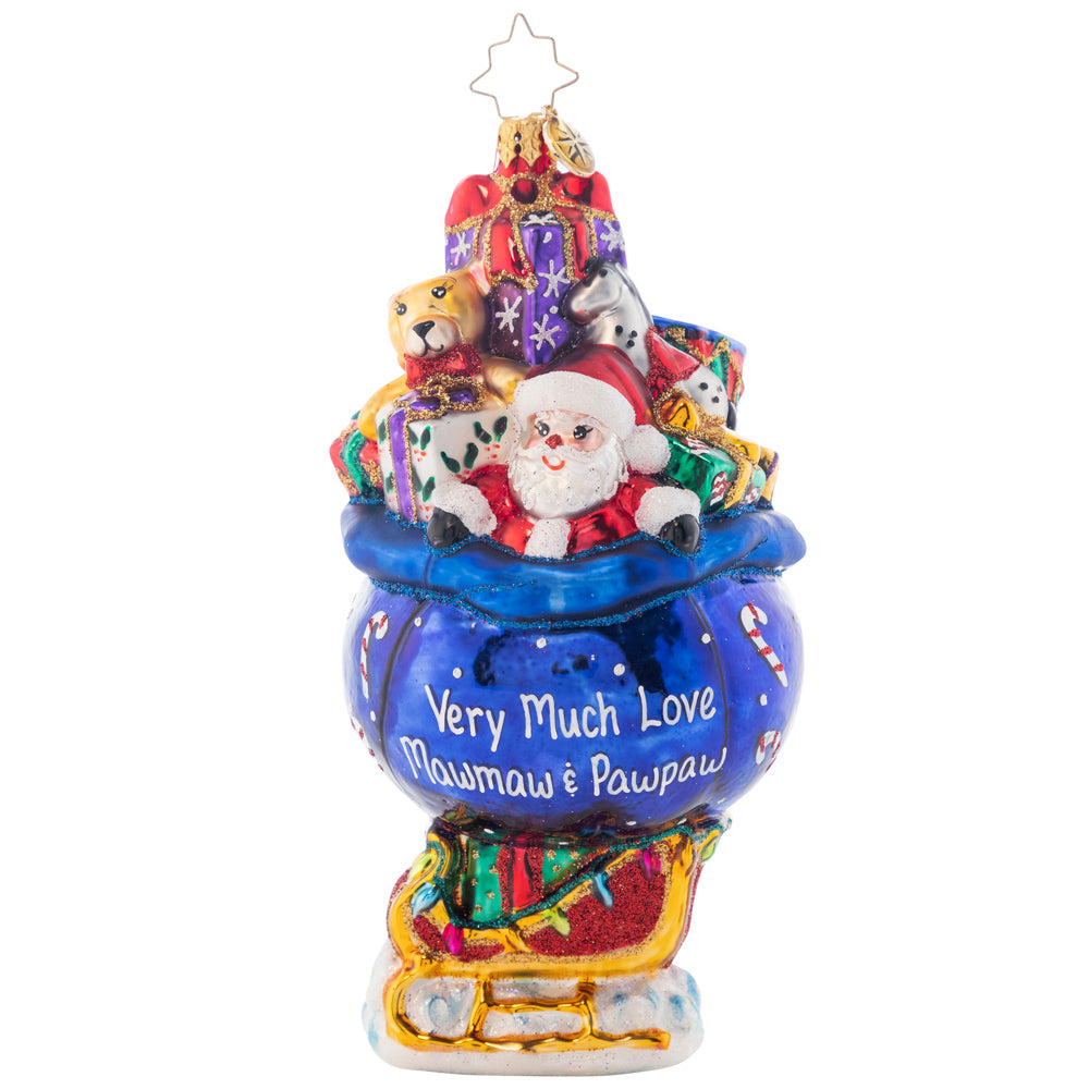 Ornament Description - Festive Christmas Sleigh: A festive, over-packed sleigh with toys! What a grand way to remember the wonderful year it has been! Note: Please allow approximately one month (on top of shipping time) for our elves to personalize your ornament.