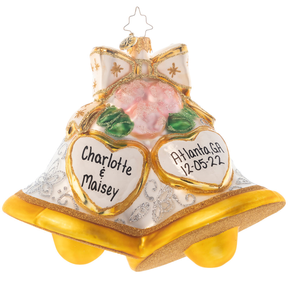 Ornament Description - Forever Together Personalized: The merry chimes are pealing, soft and glad the music swells; gaily on the night wind stealing, sweetly sound the wedding bells. Hang this pair of wedding bells and celebrate love, both new and old! Note: Please allow approximately one month (on top of shipping time) for our elves to personalize your ornament.