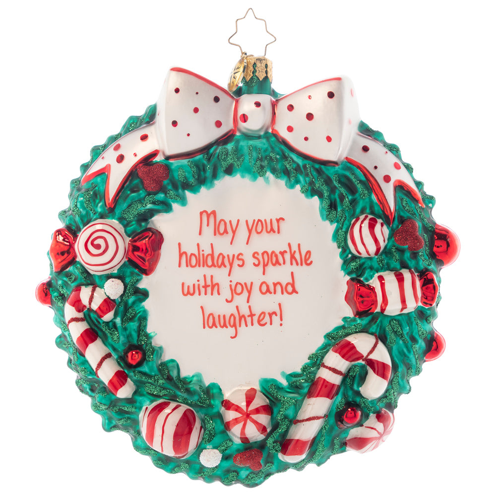 Ornament Description - Candy Cane Delight Personalized: A thoughtful, well-rounded holiday treat; a ring of warm wishes and peppermints so sweet! This commemorative wreath is the perfect way to celebrate the sweetest season of them all! Note: Please allow approximately one month (on top of shipping time) for our elves to personalize your ornament.