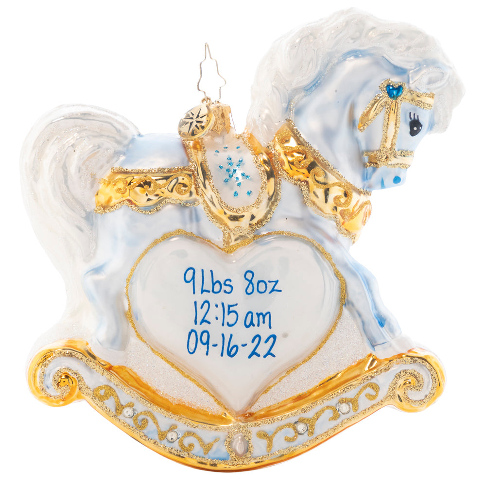 Back - Ornament Description - Baby's First Christmas Foal Personalized: It is a precious gift, a bundle of joy -- a darling bouncing baby boy! Commemorate your new arrival with this keepsake rocking horse in baby blue. Note: Please allow approximately one month (on top of shipping time) for our elves to personalize your ornament.