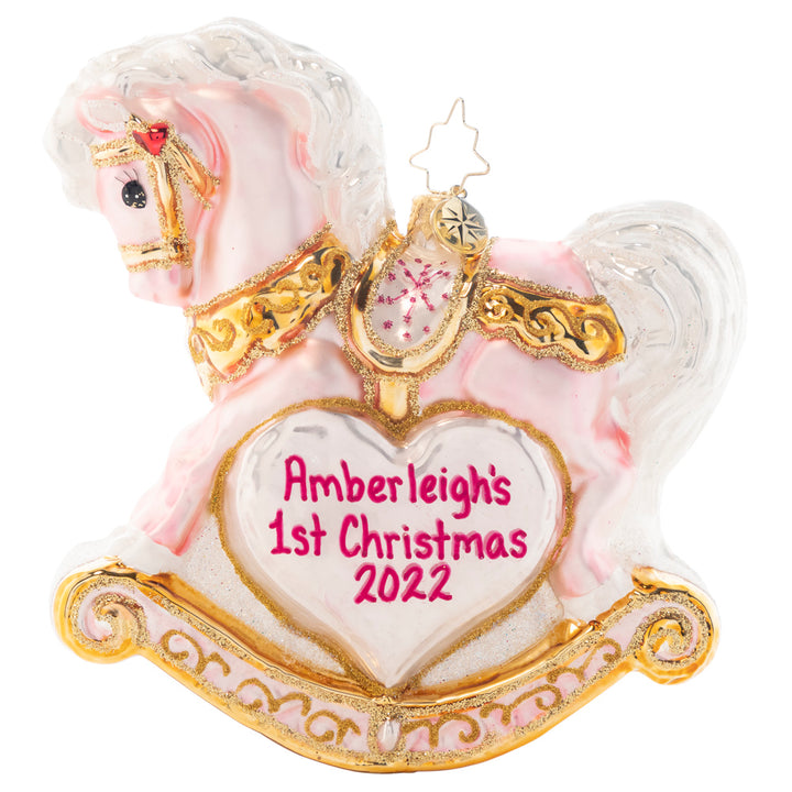 Ornament Description - Baby's First Christmas Filly Personalized: A gift more precious than rubies or pearls -- a sweet little beautiful baby girl! Commemorate your new arrival with this keepsake rocking horse in powder pink. Note: Please allow approximately one month (on top of shipping time) for our elves to personalize your ornament.