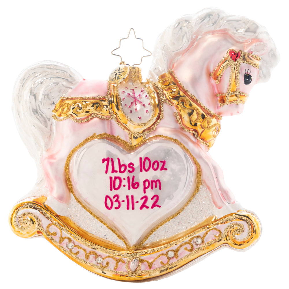 Back - Ornament Description - Baby's First Christmas Filly Personalized: A gift more precious than rubies or pearls -- a sweet little beautiful baby girl! Commemorate your new arrival with this keepsake rocking horse in powder pink. Note: Please allow approximately one month (on top of shipping time) for our elves to personalize your ornament.