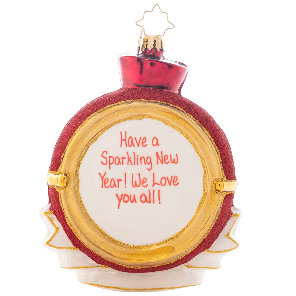 Back - Ornament Description - Champagne Dreams Peronalized: Pop the bubbly! Santa has a champagne glass ready to welcome 2022. Cheers to a new year! Note: Please allow approximately one month (on top of shipping time) for our elves to personalize your ornament.