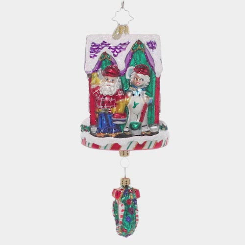 Video - Ornament Description - The Claus' Fixer Upper: Santa works hard all year building toys, so he knows all about manual labor. This ornament features Santa and Mrs. Claus fixing up their house – perfect for the handy new homeowner. This video shows the ornament spinning slowly. 