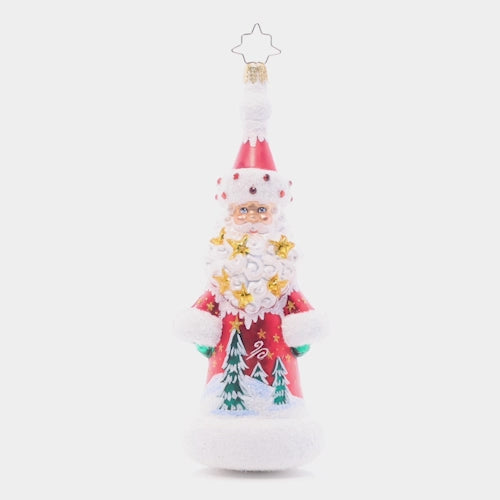Video - Ornament Description - Starstruck Santa: Santa's star-studded beard isn't the only highlight of this beautiful ornament – he's got a snowy winter scene painted across his classic red coat, too! This video shows the ornament spinning slowly.