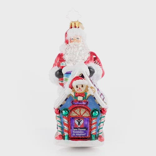 Video - Ornament Description - Dave Thomas Adoption 2021: Santa's Christmas wish is for every child to have a home for the holidays, and a family to share the joy of the season with. Together we can help make that dream a reality! A percentage of the sales from this special ornament will benefit the Dave Thomas Foundation for Adoption. This video shows the ornament slowly spinning. 