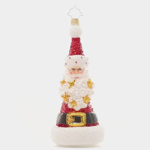 Video - Ornament description - Spangled Santa: This whimsical Santa ornament is shaped just like his famous hat! With sparkling stars strewn throughout his beard, one look at this whimsical piece is sure to inspire holiday cheer. This video shows the ornament spinning slowly. 