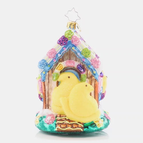 Video - Ornament Description - PEEPS® Have Sprung: Just hatched! Spring has sprung, and that means time for sweet PEEPS®! These iconic yellow marshmallow chicks are surrounded by a brightly colored cookie-Coop. Bring this treat into your home this holiday season! This video shows the ornament spinning slowly. 