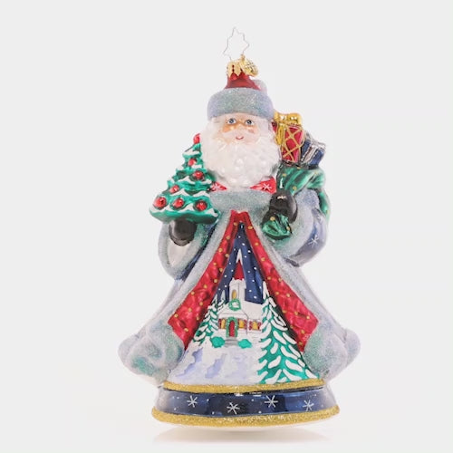 Video - Ornament Description - Santa's Snowy Scene: The 2023 Christopher Radko Designer’s ornament, this special piece encapsulates the magic of Christmas with a beautiful wintertime landscape, which is hand-painted with care onto Santa’s magnificent robe. Designed by veteran artist, Joseph Walden, Santa’s Snowy Scene is a cherished collector’s piece that celebrates the enchanting ambiance of the holiday season. This video shows the ornament spinning slowly. 