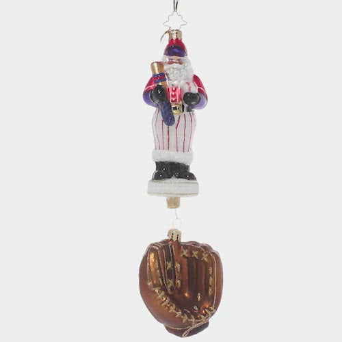 Video - Ornament Description - Slugger Santa: Batter up! Santa's suited up and ready to play ball for the North Pole team. Perfect for the baseball fan in your life, this piece is sure to be a home run gift! This video shows the ornament spinning slowly. 