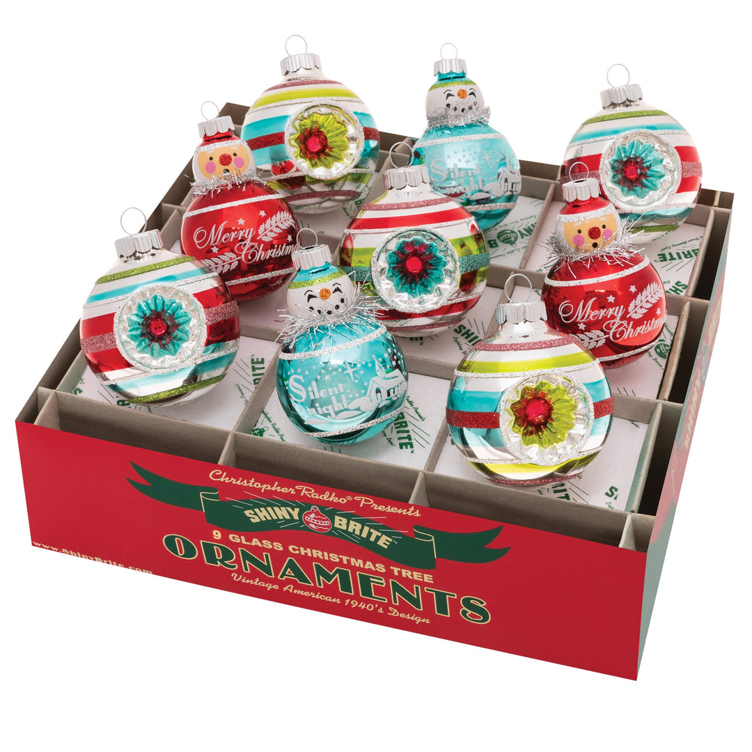 Ornament Set Description - Festive Fete 9 Count 2.5" Reflector Rounds & Figures