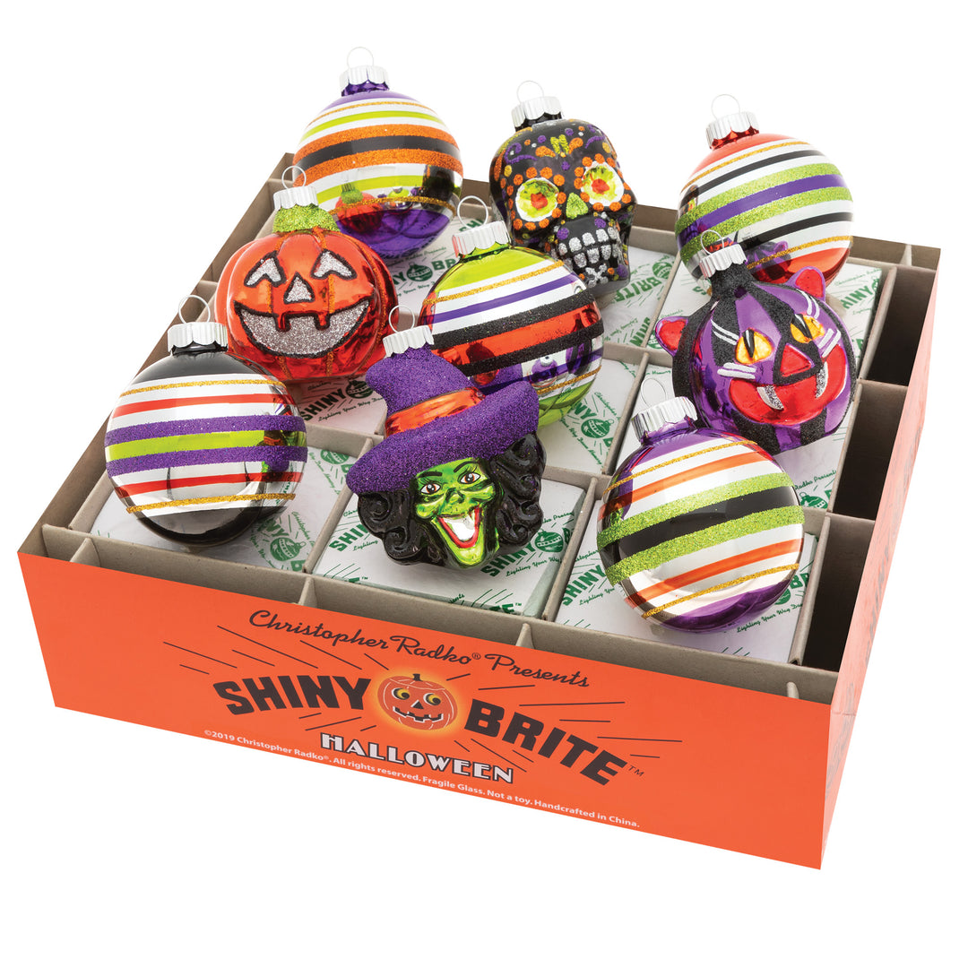 Ornament Set Description - Halloween 9 Count 2.5" Decorated Rounds & Figures