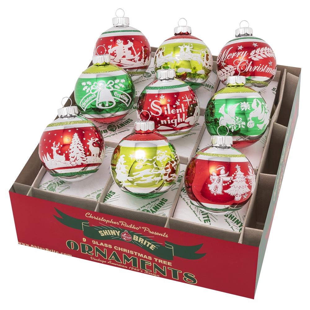 Ornament Set Description - Holiday Splendor 9 Count 2.5" Signature Flocked Rounds: Nine classic rounds bear holiday greetings and wintry scenes in snowy white against classic Christmas reds &amp; greens. They're the perfect way to jazz up any tree!