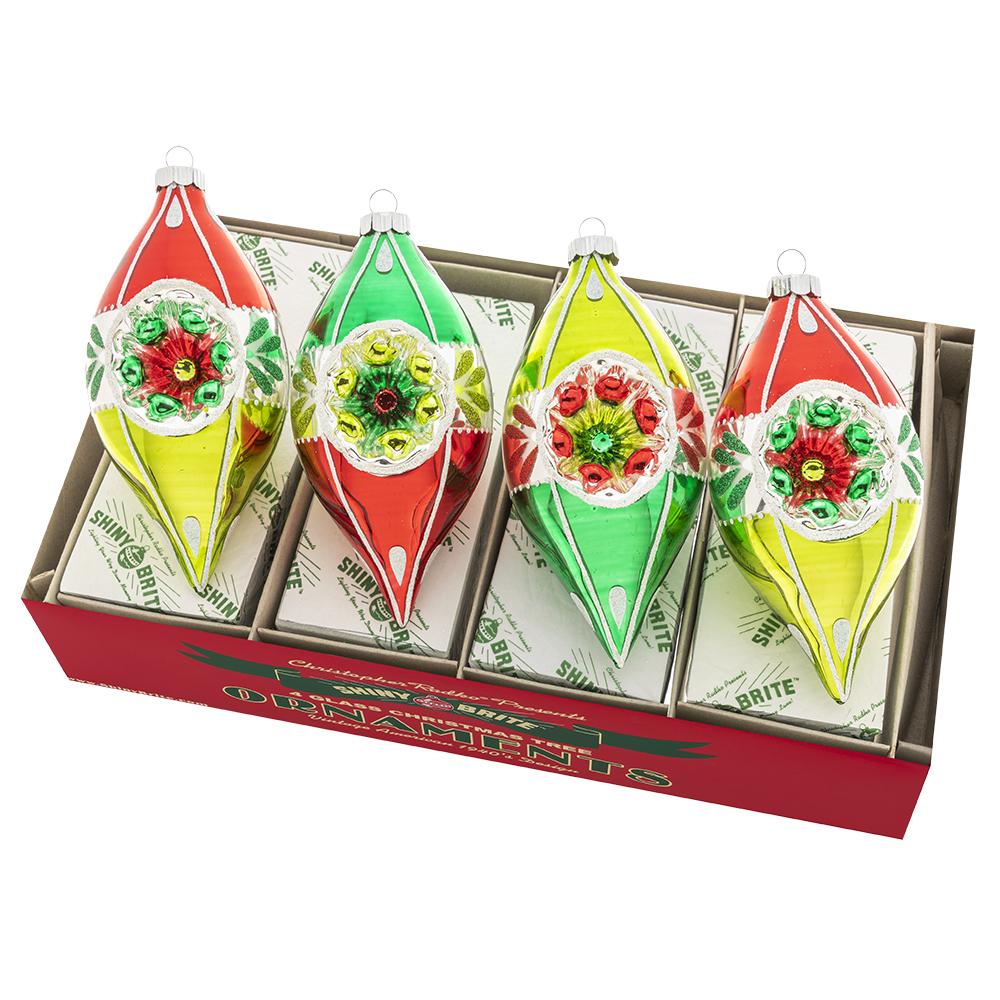 Ornament Set Description - Holiday Splendor 4 Count 7" Reflector Tulips: Sparkling in retro holiday hues of red and green, this 4-count set of classic vintage-inspired tulip shapes evokes cherished memories of Christmases past.